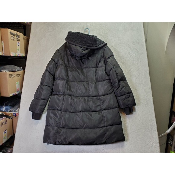 Madden Girl Puffer Coat Womens XL Black Sherpa Lined‎ Hooded Drawstring Full Zip - Picture 2 of 9
